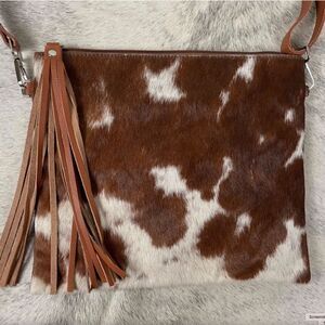 Trendy Authentic Leather Cowhide with Hair Crossbody Purse Bag Brown NEW Cow